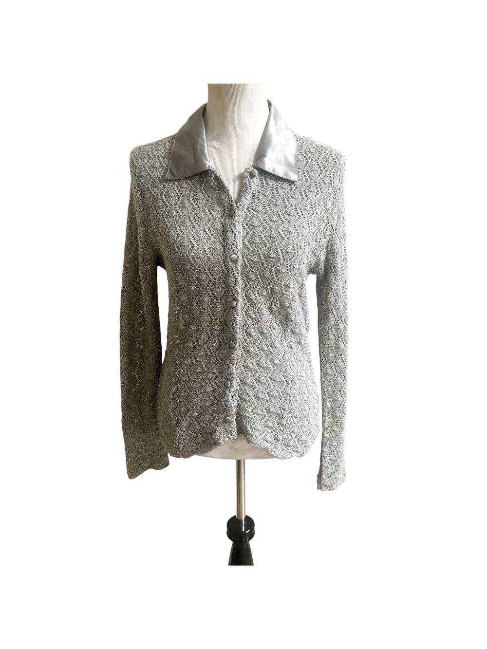 The Limited Y2K Long Sleeve Crochet Knit Cardigan Metallic Silver Size Medium